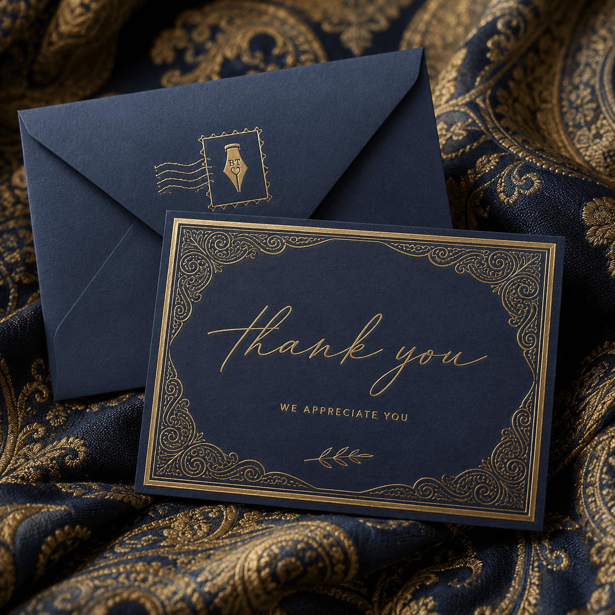 Navy Better Thanks card with gold script on patterned fabric
