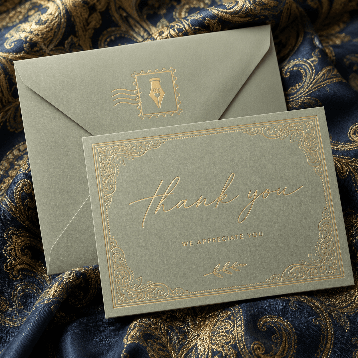 Soft sage thank-you card with gold detailing